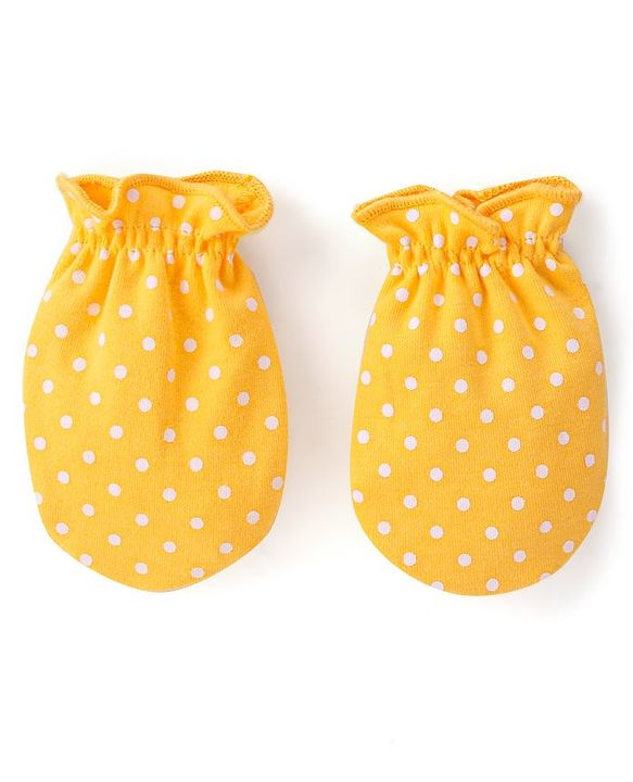 Babyhug 100% Cotton Interlock Knit Mittens With Floral & Polka Dots Print Pack of 3 - Yellow Pink & Orange
