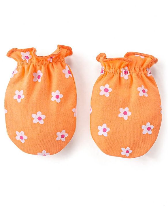 Babyhug 100% Cotton Interlock Knit Mittens With Floral & Polka Dots Print Pack of 3 - Yellow Pink & Orange