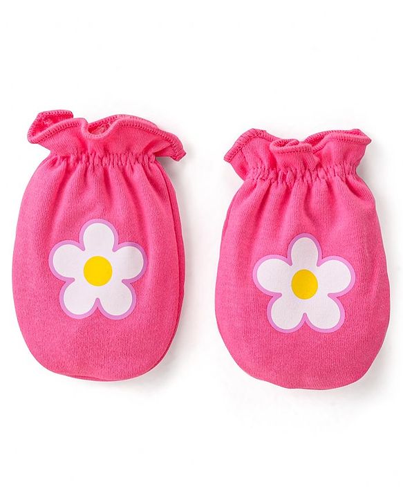 Babyhug 100% Cotton Interlock Knit Mittens With Floral & Polka Dots Print Pack of 3 - Yellow Pink & Orange