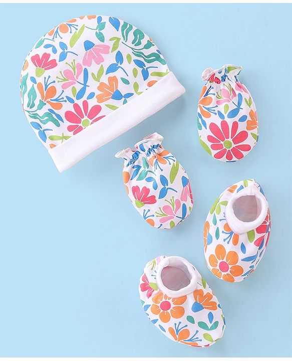 Babyhug 100% Cotton Cap Mittens & Booties Floral Printed - Multicolor