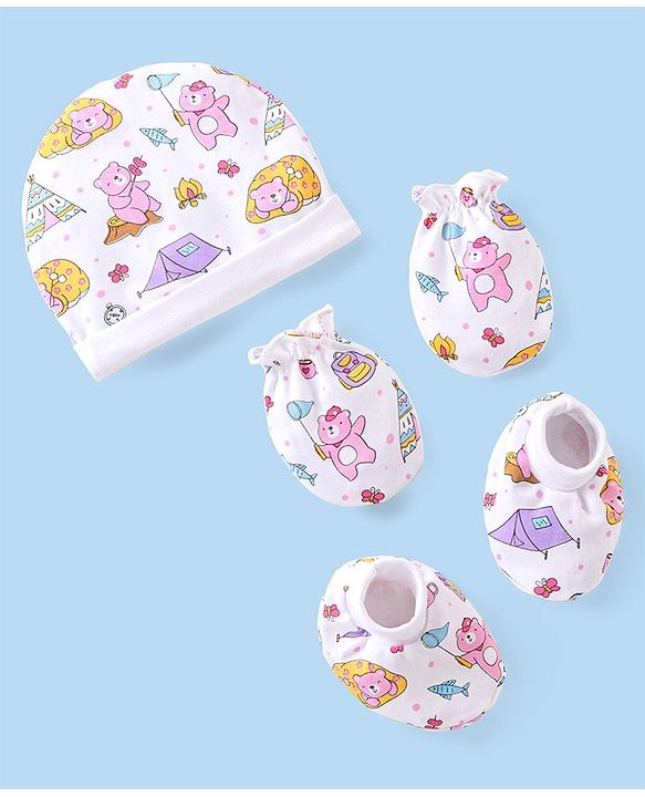 Babyhug 100% Cotton Cap Mittens & Booties with Beach Theme -Multicolour