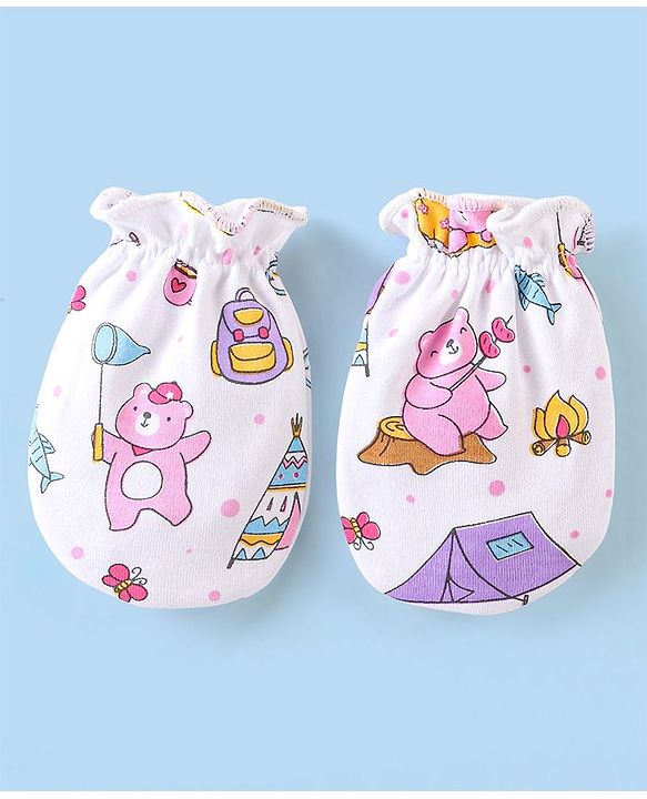 Babyhug 100% Cotton Cap Mittens & Booties with Beach Theme -Multicolour