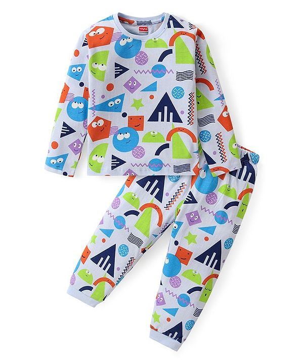 Babyhug Cotton Knit Full Sleeves Night Suit With Geometrical Print - Blue & White