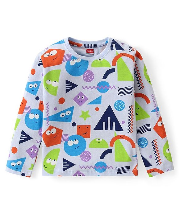 Babyhug Cotton Knit Full Sleeves Night Suit With Geometrical Print - Blue & White
