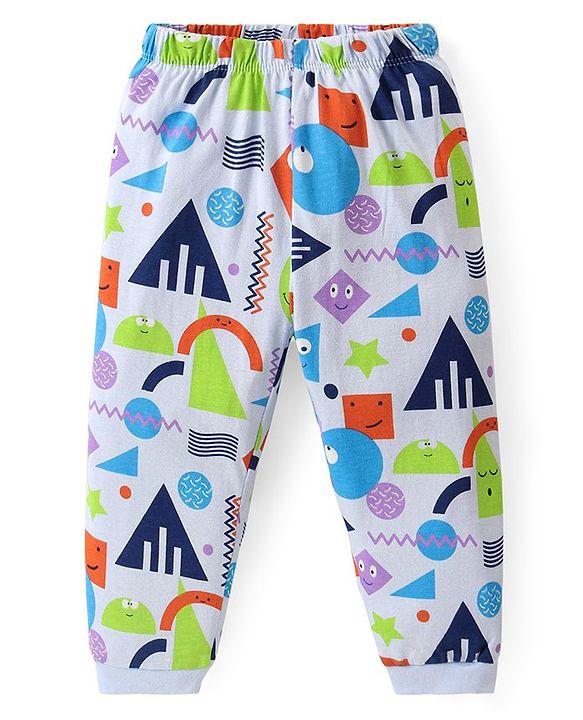 Babyhug Cotton Knit Full Sleeves Night Suit With Geometrical Print - Blue & White