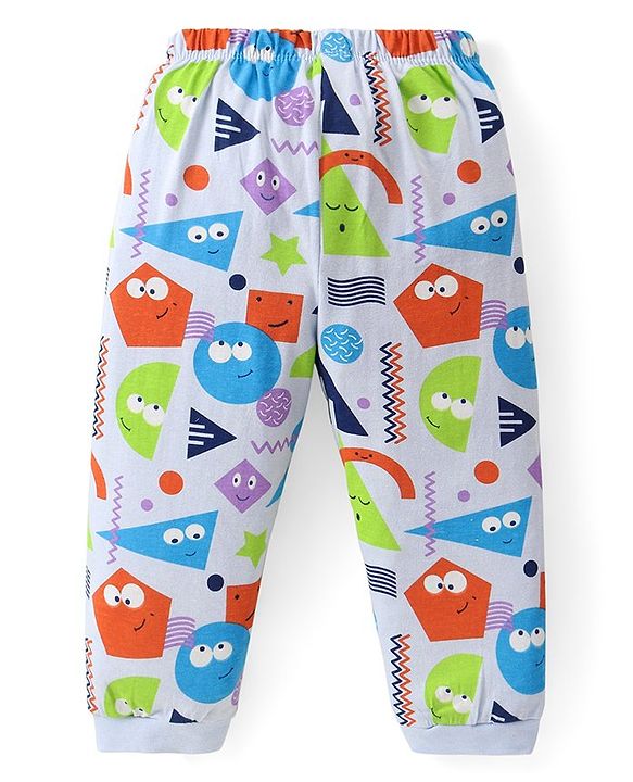 Babyhug Cotton Knit Full Sleeves Night Suit With Geometrical Print - Blue & White