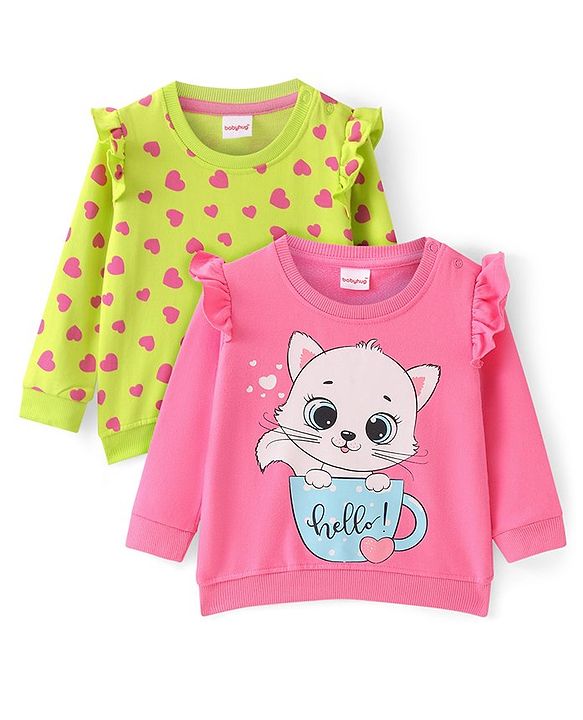 Babyhug Cotton Knit Full Sleeves Sweatshirts With Kitty & Heart Print Pack of 2 - Green & Pink