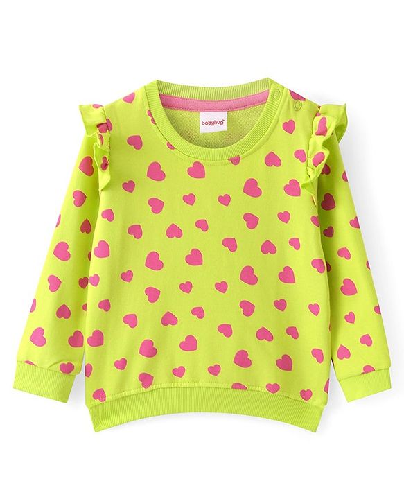 Babyhug Cotton Knit Full Sleeves Sweatshirts With Kitty & Heart Print Pack of 2 - Green & Pink