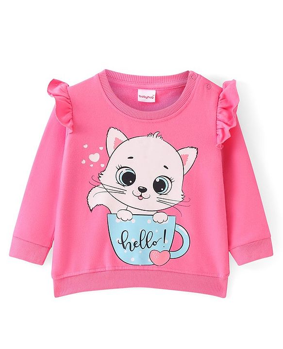 Babyhug Cotton Knit Full Sleeves Sweatshirts With Kitty & Heart Print Pack of 2 - Green & Pink