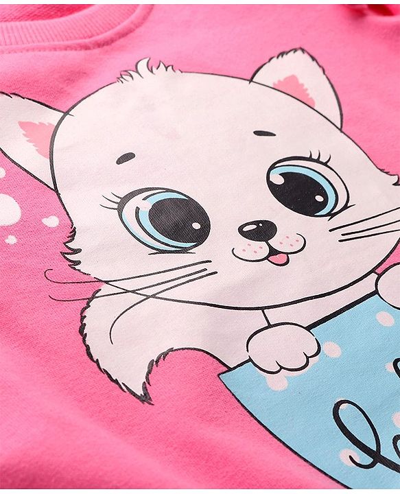 Babyhug Cotton Knit Full Sleeves Sweatshirts With Kitty & Heart Print Pack of 2 - Green & Pink