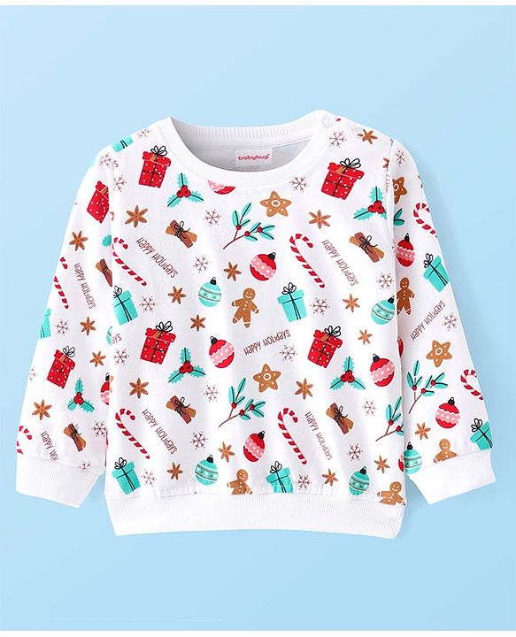 Babyhug Cotton Knit Full Sleeves Sweatshirts With Christmas Theme Pack of 2 - White & Red