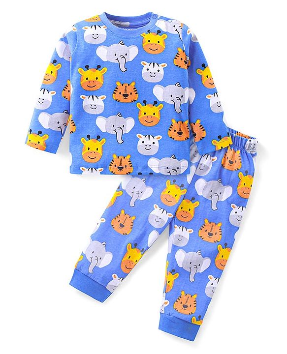 Babyhug  Cotton Full Sleeves Night Suit with Animal Print - Blue