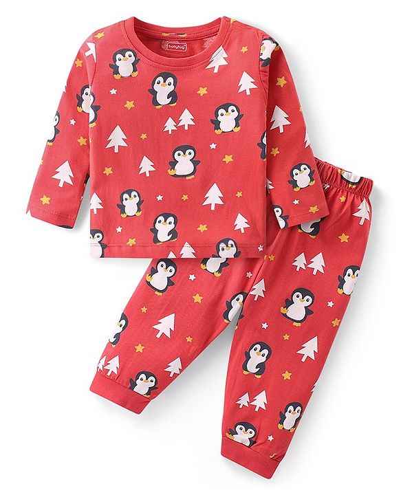 Babyhug Cotton Knit Full Sleeves Night Suit With Penguin Print - Red