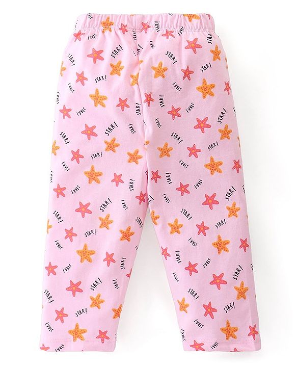 Babyhug Cotton Knit Half Sleeves Peter Pan Collared Night Suit With Star Print - Pink