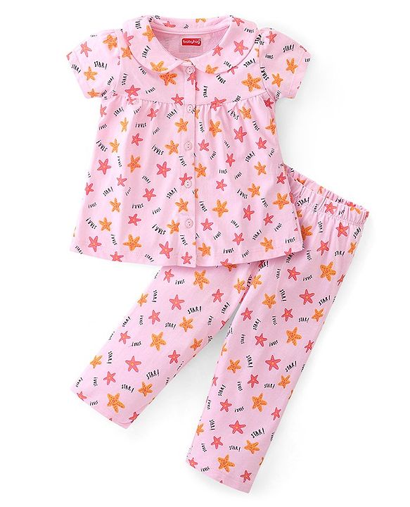 Babyhug Cotton Knit Half Sleeves Peter Pan Collared Night Suit With Star Print - Pink