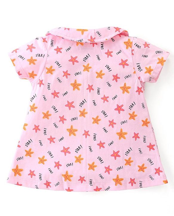 Babyhug Cotton Knit Half Sleeves Peter Pan Collared Night Suit With Star Print - Pink