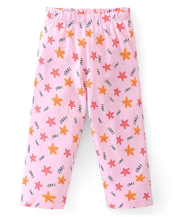 Babyhug Cotton Knit Half Sleeves Peter Pan Collared Night Suit With Star Print - Pink