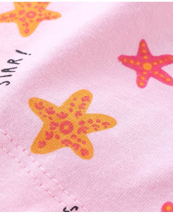 Babyhug Cotton Knit Half Sleeves Peter Pan Collared Night Suit With Star Print - Pink