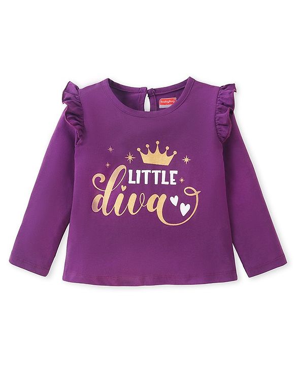 Babyhug Cotton Knit Full Sleeves Top With Text Graphics & Frill Detailing -Purple
