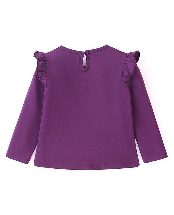 Babyhug Cotton Knit Full Sleeves Top With Text Graphics & Frill Detailing -Purple
