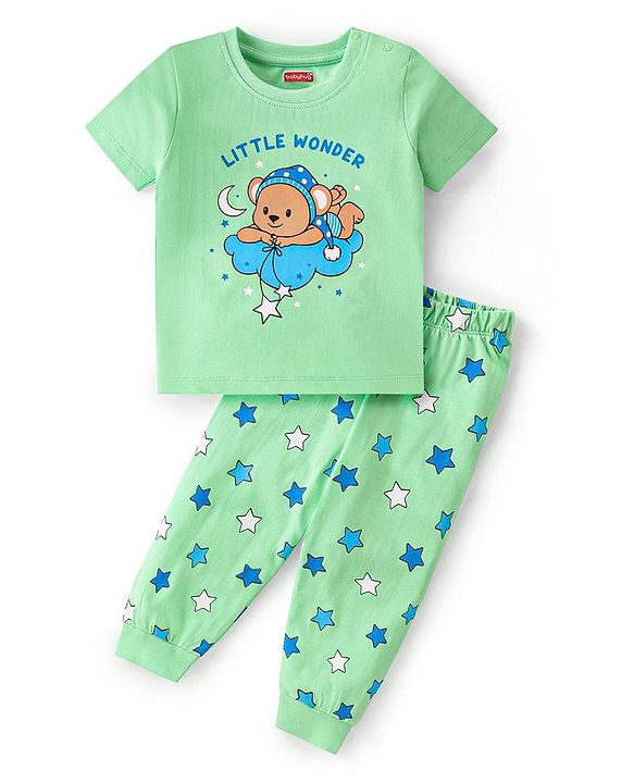 Babyhug Single Jersey Half Sleeves Night Suit with Bear & Star Print - Green