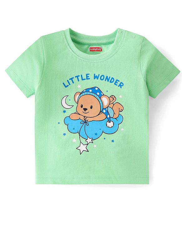 Babyhug Single Jersey Half Sleeves Night Suit with Bear & Star Print - Green