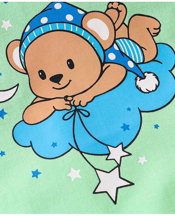 Babyhug Single Jersey Half Sleeves Night Suit with Bear & Star Print - Green