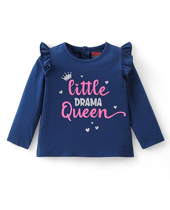 Babyhug Cotton Knit Full Sleeves Top with Frill Detailing & Text Print - Navy Blue