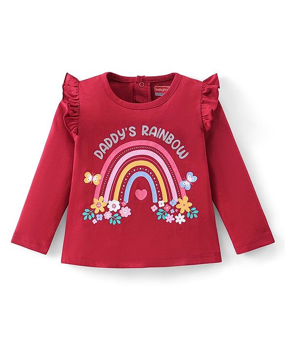 Babyhug 100% Cotton Knit Full Sleeves Top with Rainbow Graphics & Frill Detailing- Maroon