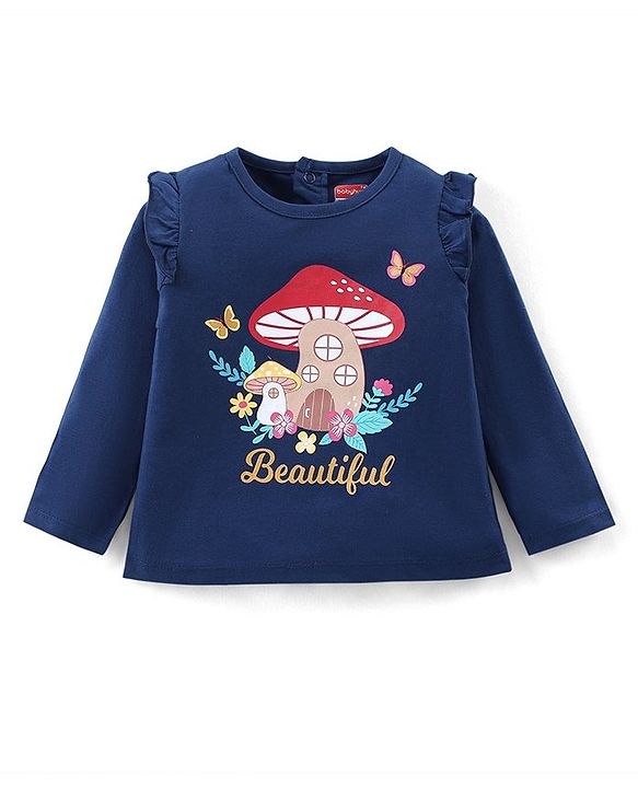 Babyhug Cotton Knit Full Sleeves Top with Frill Detailing & Mushroom Graphic - Navy Blue