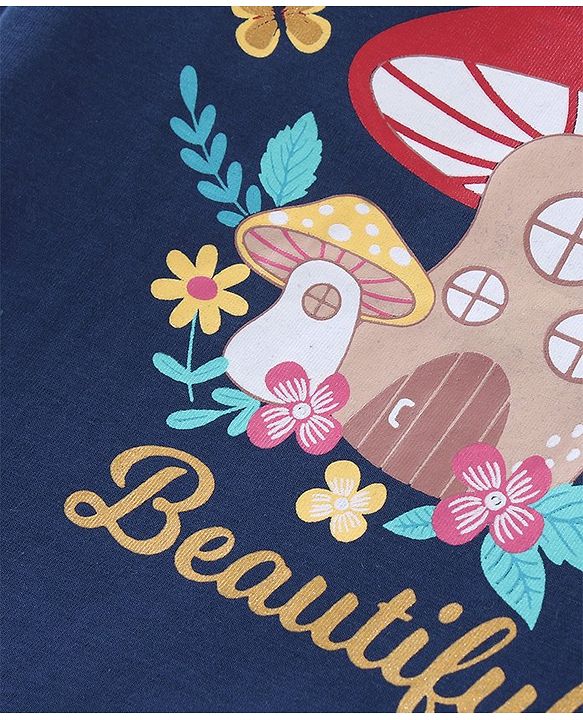 Babyhug Cotton Knit Full Sleeves Top with Frill Detailing & Mushroom Graphic - Navy Blue