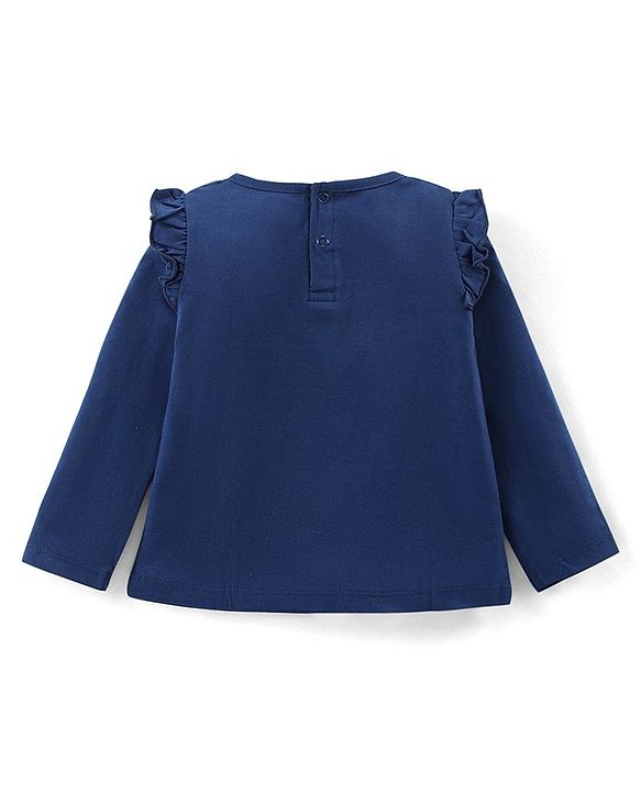 Babyhug Cotton Knit Full Sleeves Top with Frill Detailing & Mushroom Graphic - Navy Blue