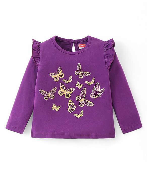 Babyhug Cotton Knit Full Sleeves Top with Butterfly Print & Frill Detailing - Purple