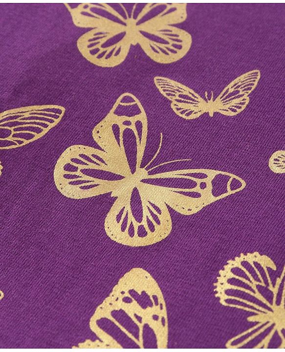 Babyhug Cotton Knit Full Sleeves Top with Butterfly Print & Frill Detailing - Purple