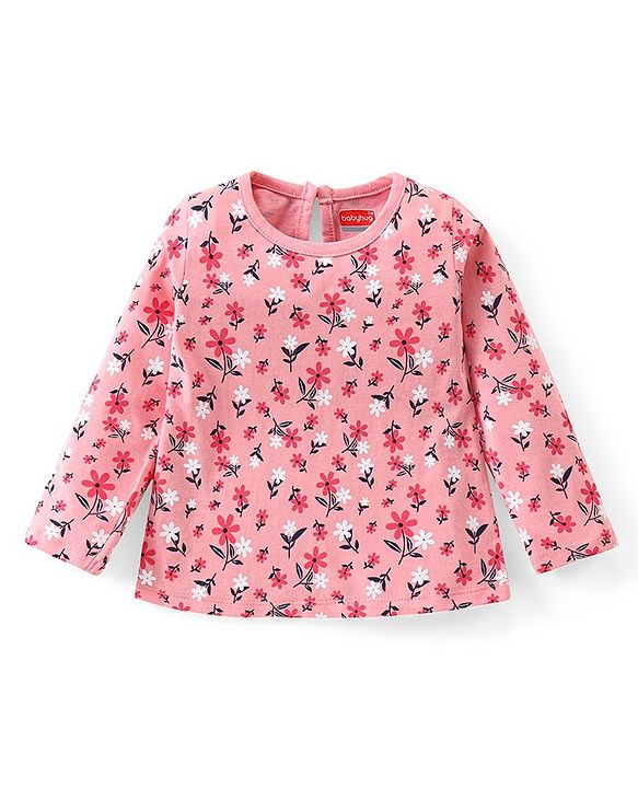 Babyhug 100% Cotton Knit Full Sleeves T-Shirt with Floral Print -Pink