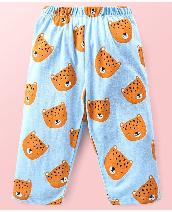 Babyhug Cotton  Knit Full Sleeves Front Open Night Suit with Tiger Print- Blue