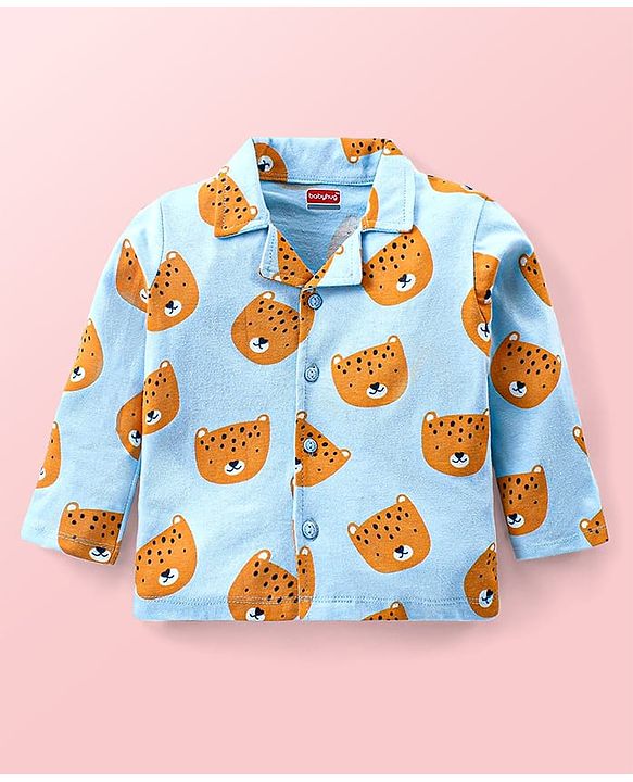 Babyhug Cotton  Knit Full Sleeves Front Open Night Suit with Tiger Print- Blue