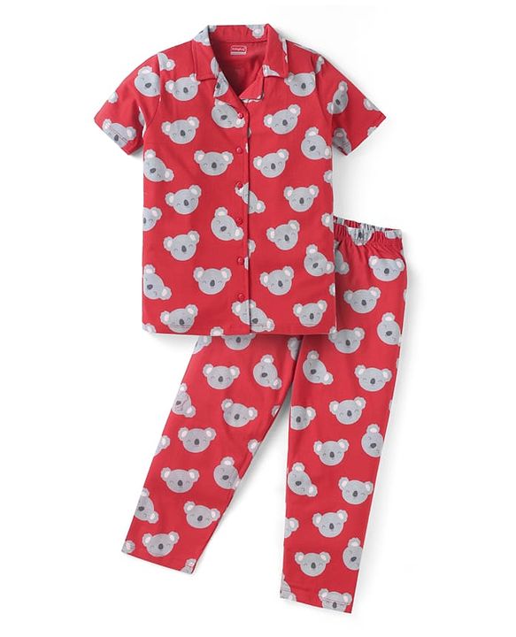 Babyhug Cotton Knit Half Sleeves Front Open Collar Neck Night Suit with Koala Print - Red