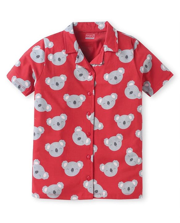Babyhug Cotton Knit Half Sleeves Front Open Collar Neck Night Suit with Koala Print - Red