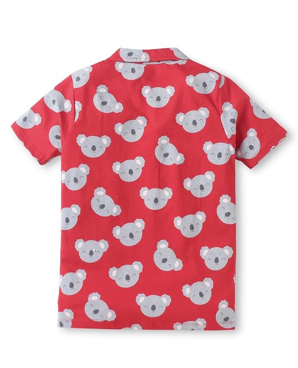 Babyhug Cotton Knit Half Sleeves Front Open Collar Neck Night Suit with Koala Print - Red