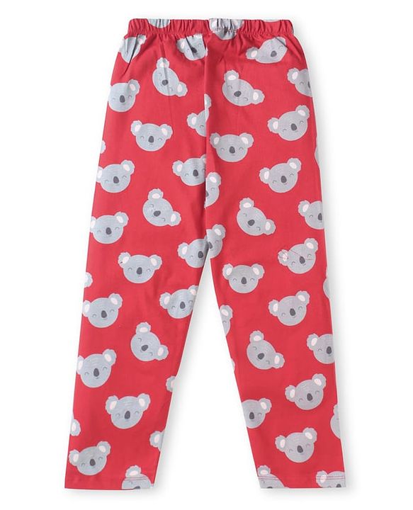 Babyhug Cotton Knit Half Sleeves Front Open Collar Neck Night Suit with Koala Print - Red