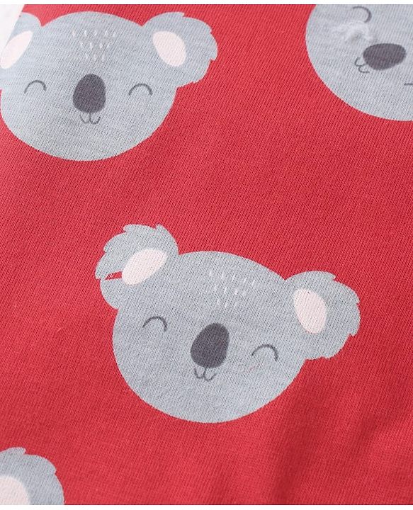 Babyhug Cotton Knit Half Sleeves Front Open Collar Neck Night Suit with Koala Print - Red