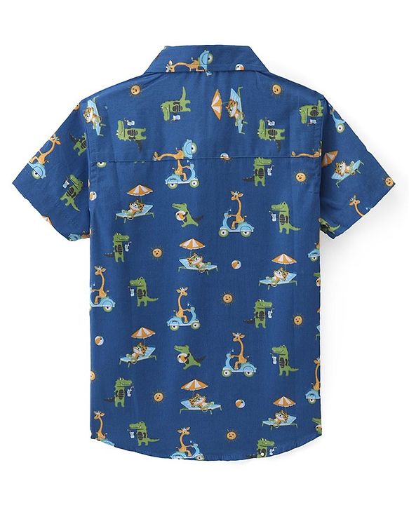 Babyhug Cotton Woven Half Sleeves Regular Collar Shirt Animal Print- Blue