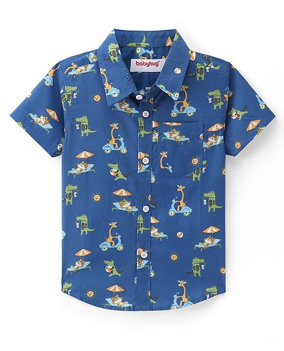 Babyhug Cotton Woven Half Sleeves Regular Collar Shirt Animal Print- Blue