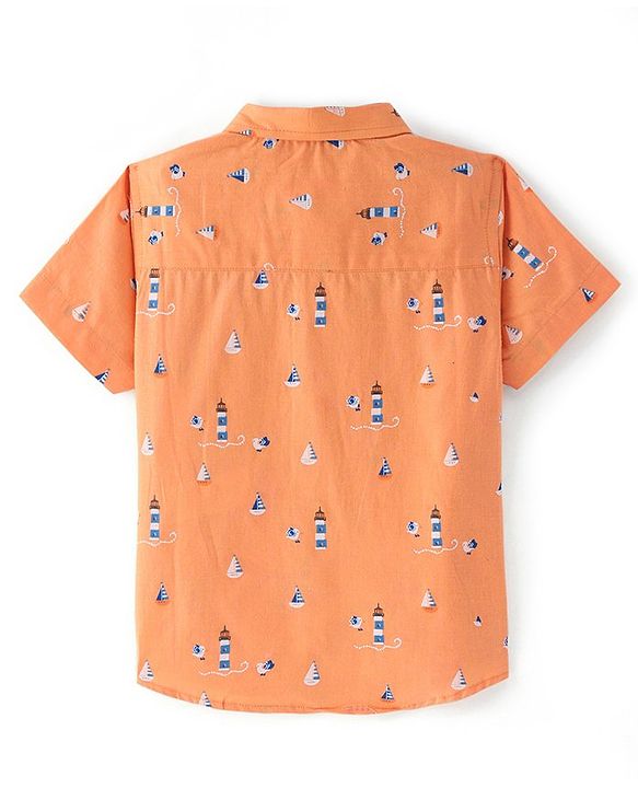 Babyhug Cotton Woven Half Sleeves Lighthouse Printed Shirt - Orange