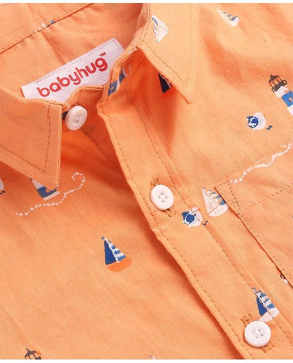 Babyhug Cotton Woven Half Sleeves Lighthouse Printed Shirt - Orange