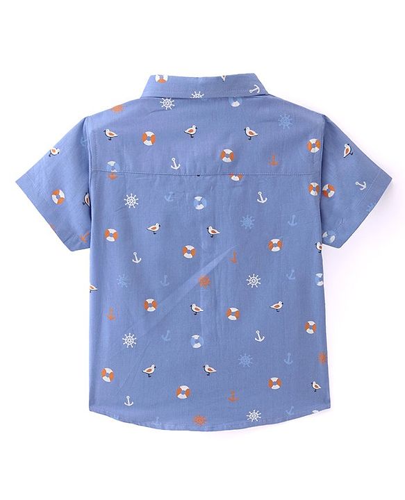 Babyhug Cotton Woven Half Sleeves Regular Collar Shirt with Beach Theme Print - Blue
