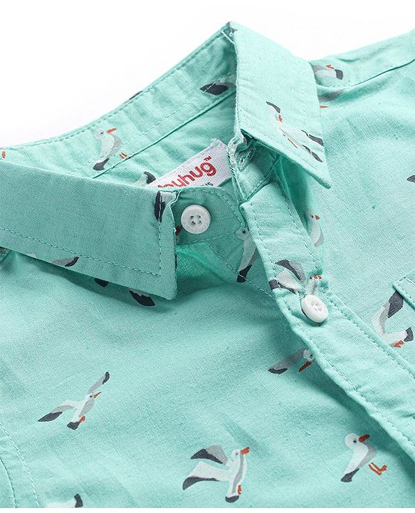 Babyhug Cotton Woven Half Sleeves Bird Printed Shirt - Green
