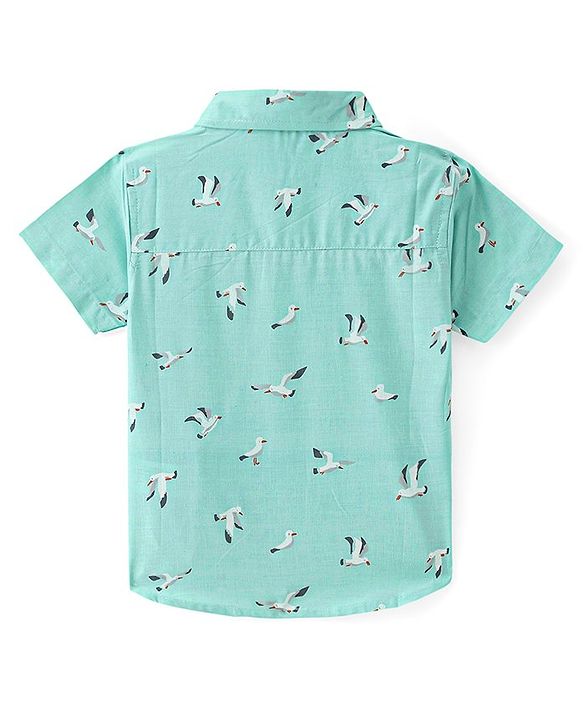 Babyhug Cotton Woven Half Sleeves Bird Printed Shirt - Green