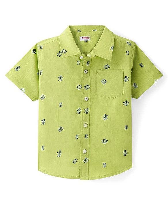 Babyhug Cotton Woven Half Sleeves Printed Shirt - Light Green
